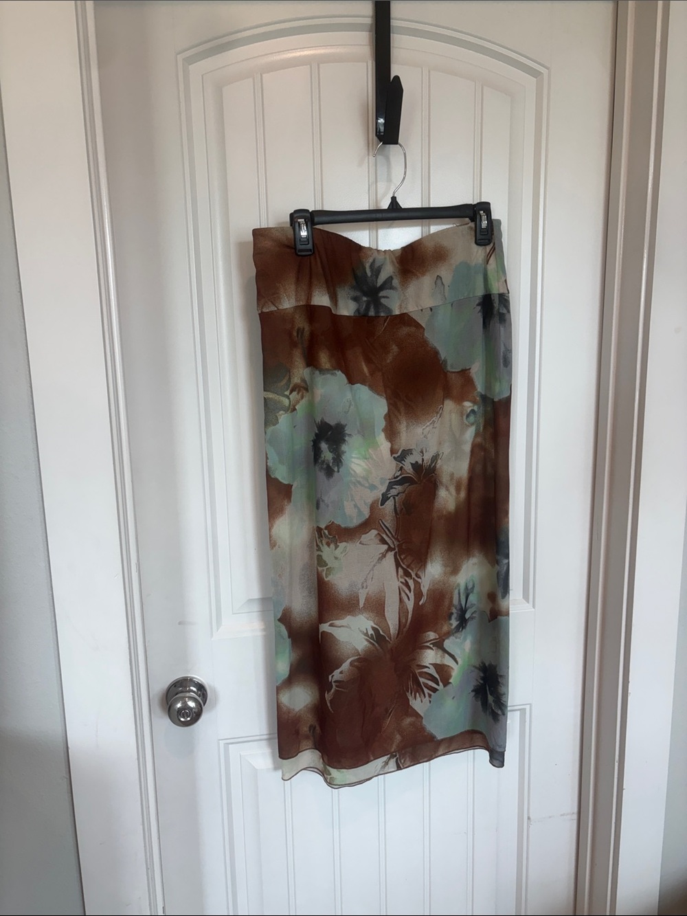 Free People Brown Floral Midi Skirt with Soft Green Accents